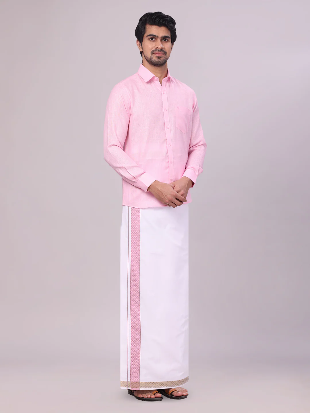 Mens Pink Shirt with Matching jacquard Weave Border Dhoti Combo Marsh - Image 5