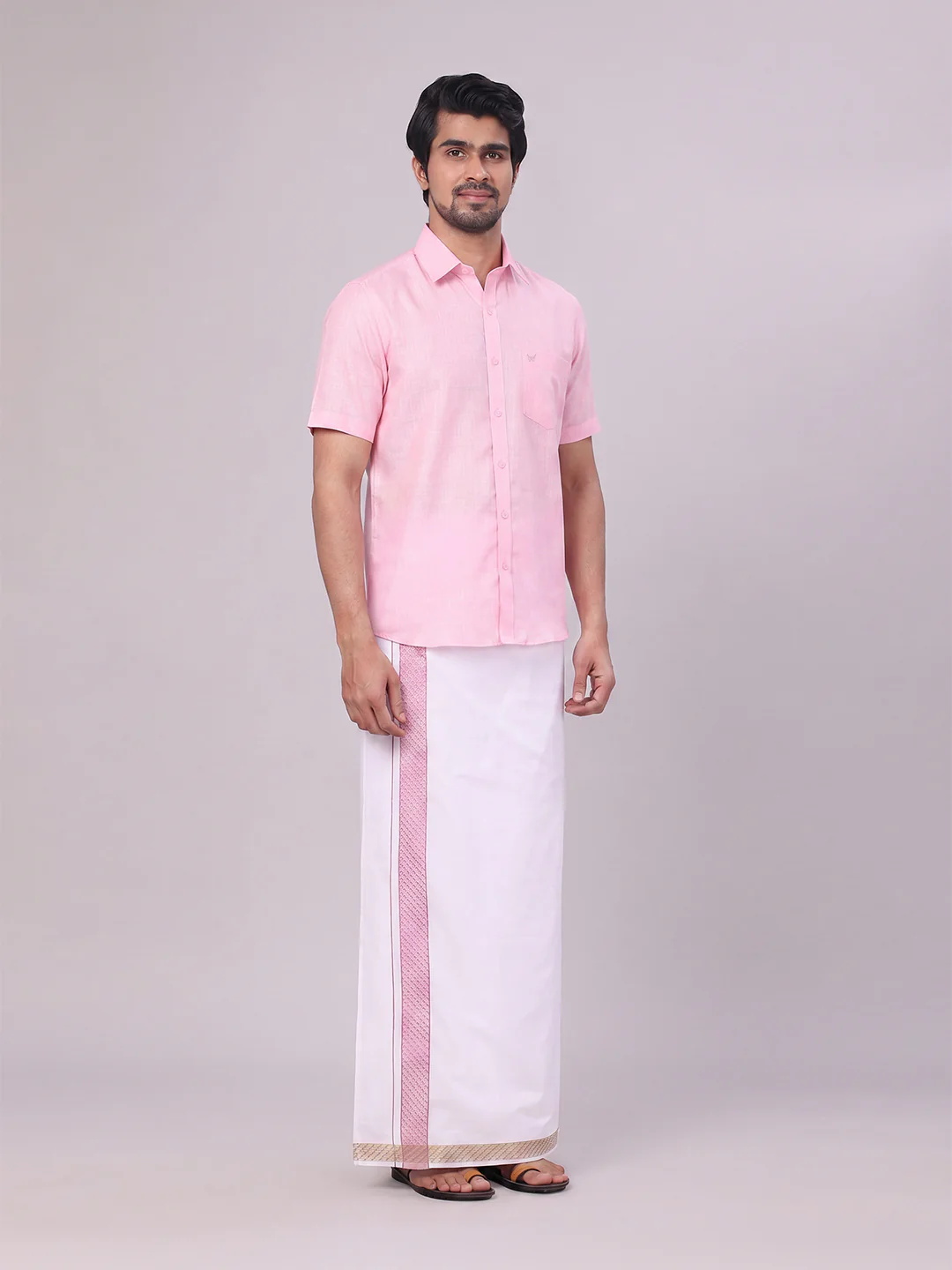 Mens Pink Shirt with Matching jacquard Weave Border Dhoti Combo Marsh - Image 6