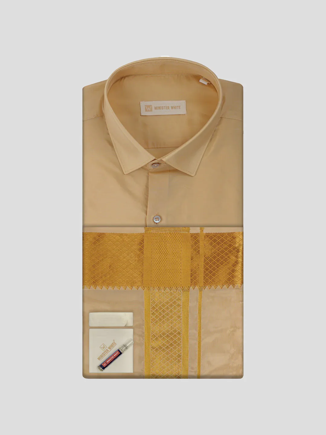 Men's Plain Art Silk Fawn Full Sleeves Shirt with 3"Jacquard Jari Border Dhoti Combo Mangal