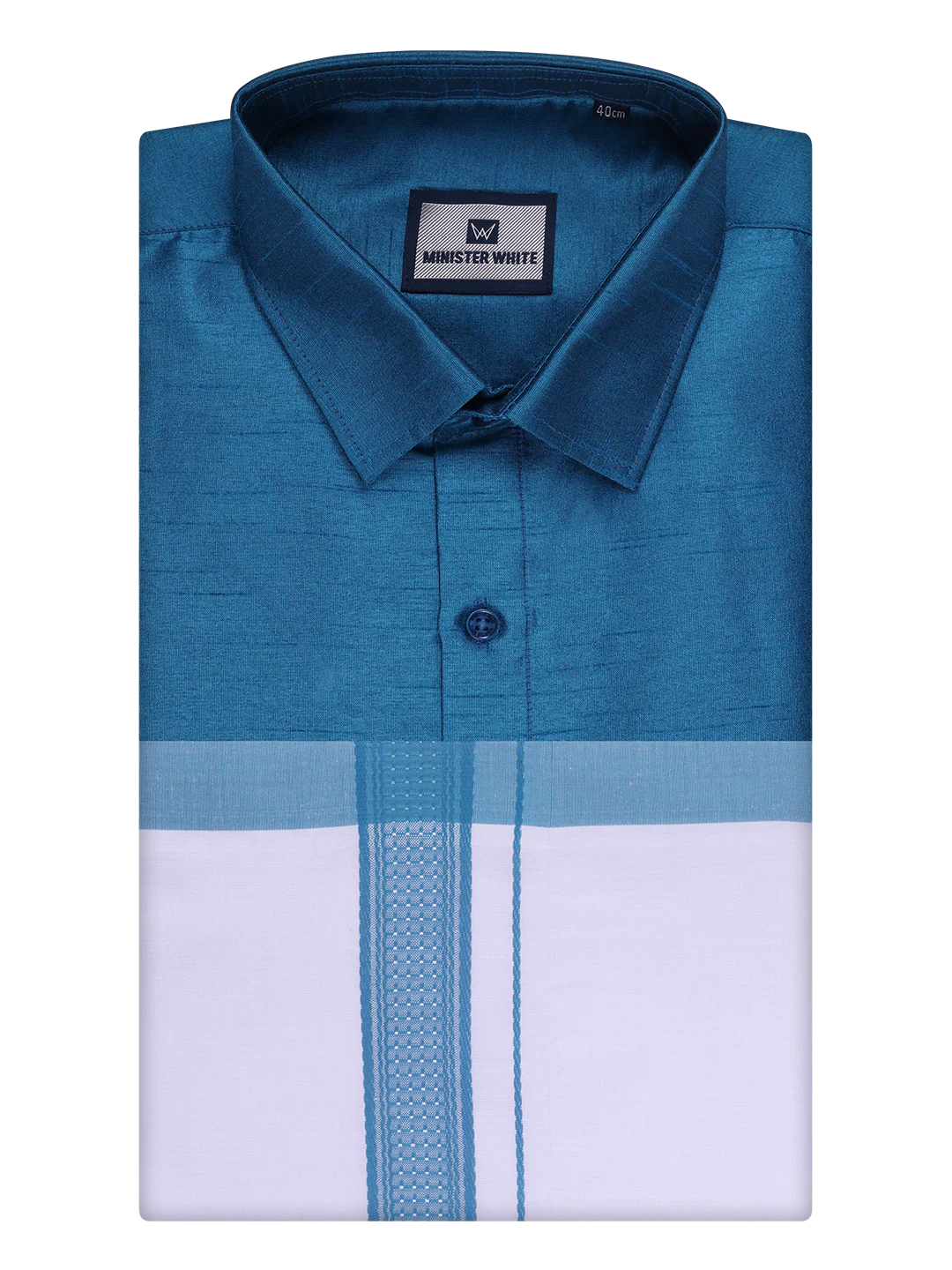 Mens Blue Dupion Satin Color Shirt with Matching Border Dhoti Combo Gora - Image 5