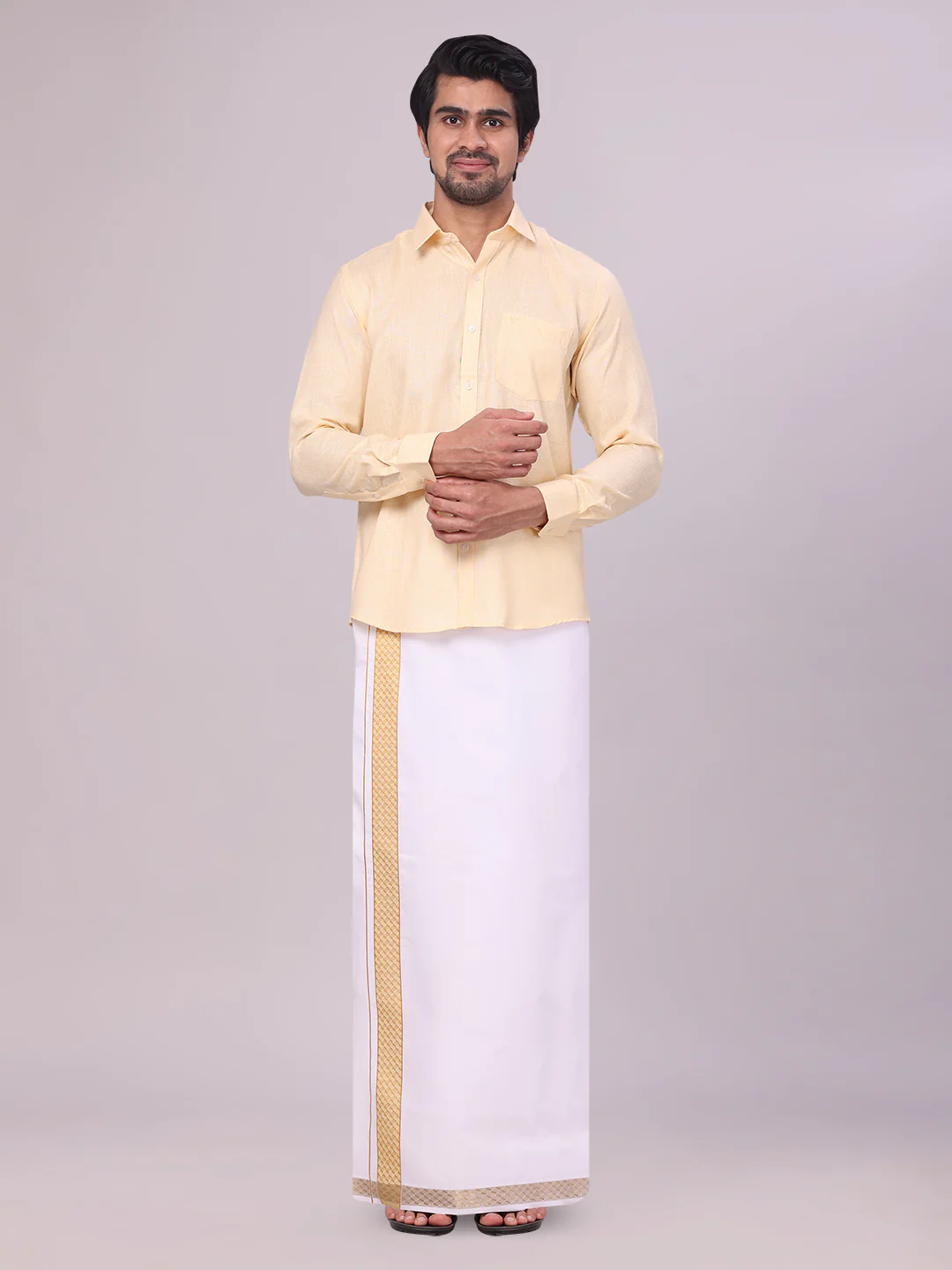 Mens Sandal Shirt with Matching jacquard Weave Border Dhoti Combo Marsh