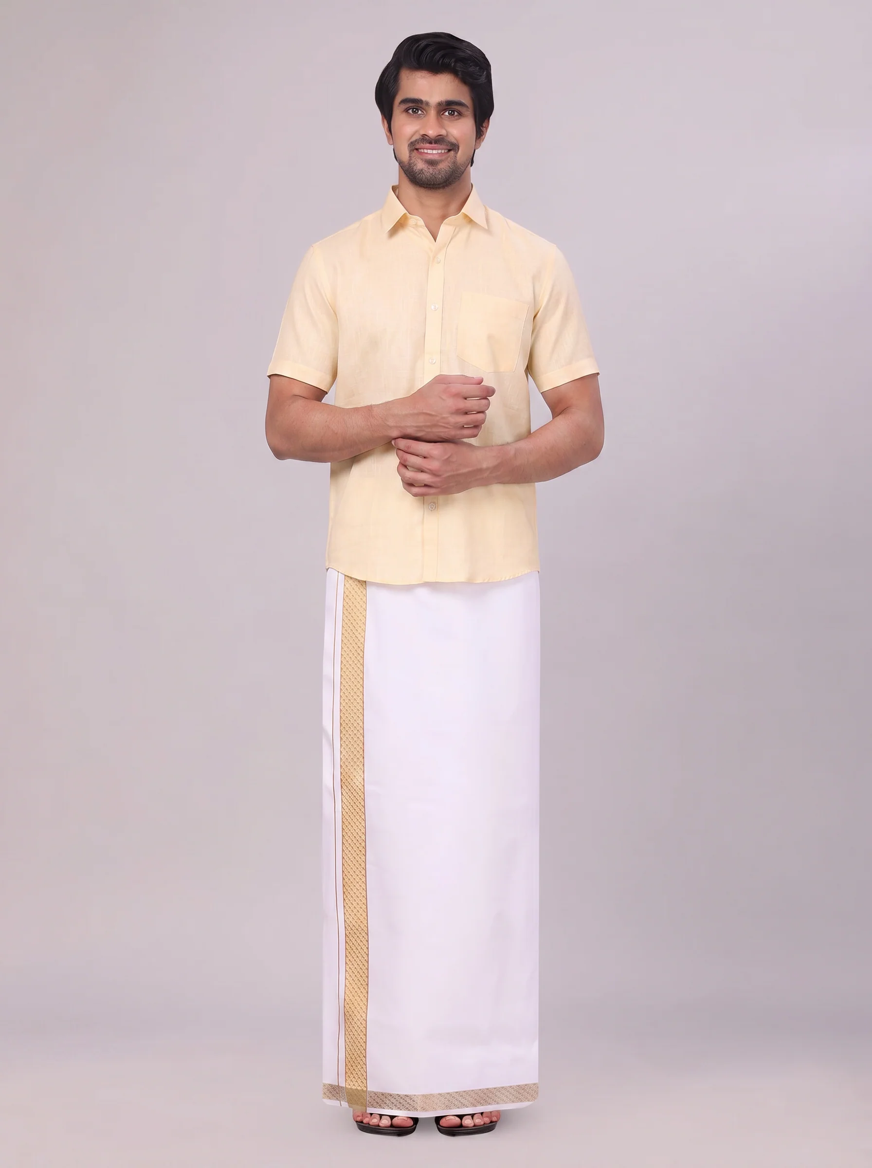 Mens Sandal Shirt with Matching jacquard Weave Border Dhoti Combo Marsh - Image 2