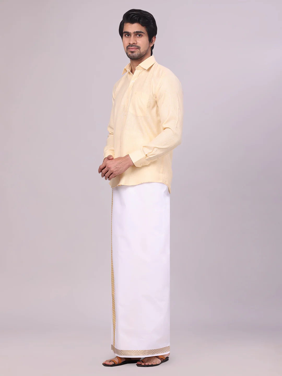 Mens Sandal Shirt with Matching jacquard Weave Border Dhoti Combo Marsh - Image 3