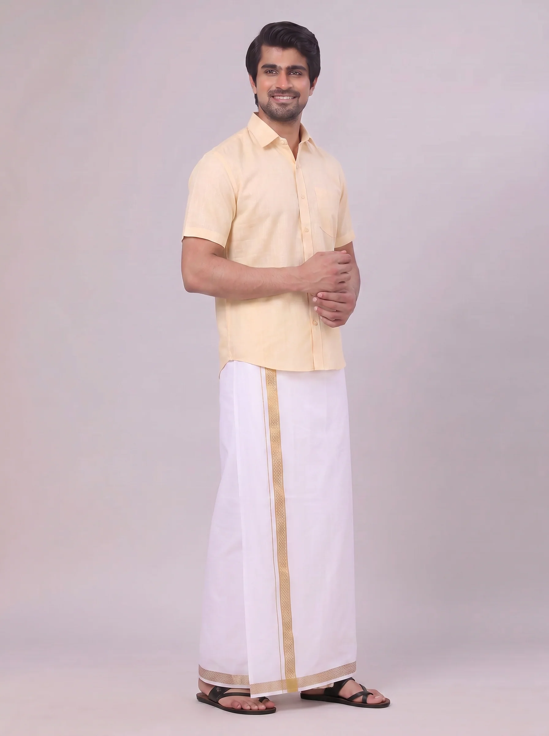 Mens Sandal Shirt with Matching jacquard Weave Border Dhoti Combo Marsh - Image 4