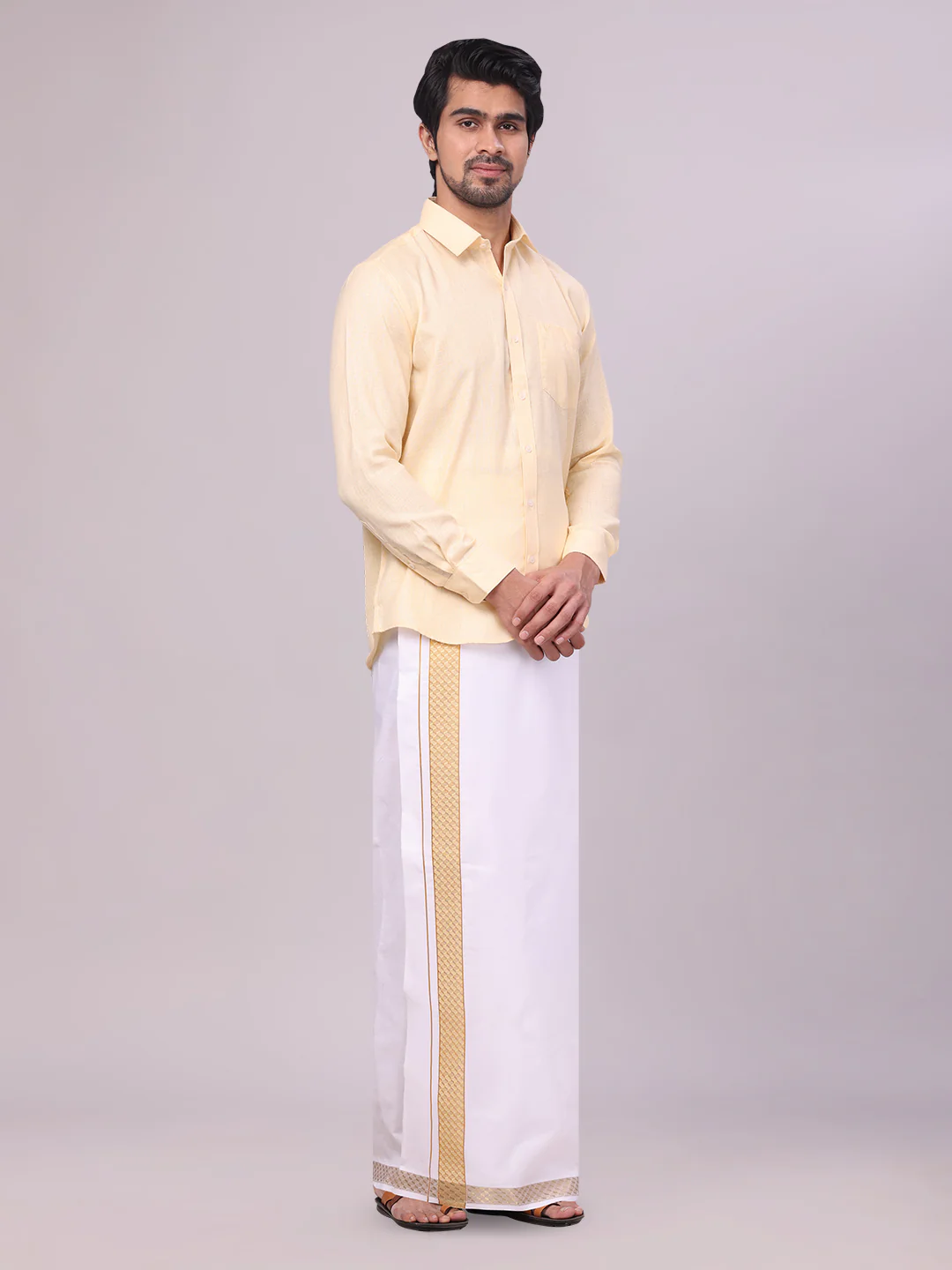Mens Sandal Shirt with Matching jacquard Weave Border Dhoti Combo Marsh - Image 5