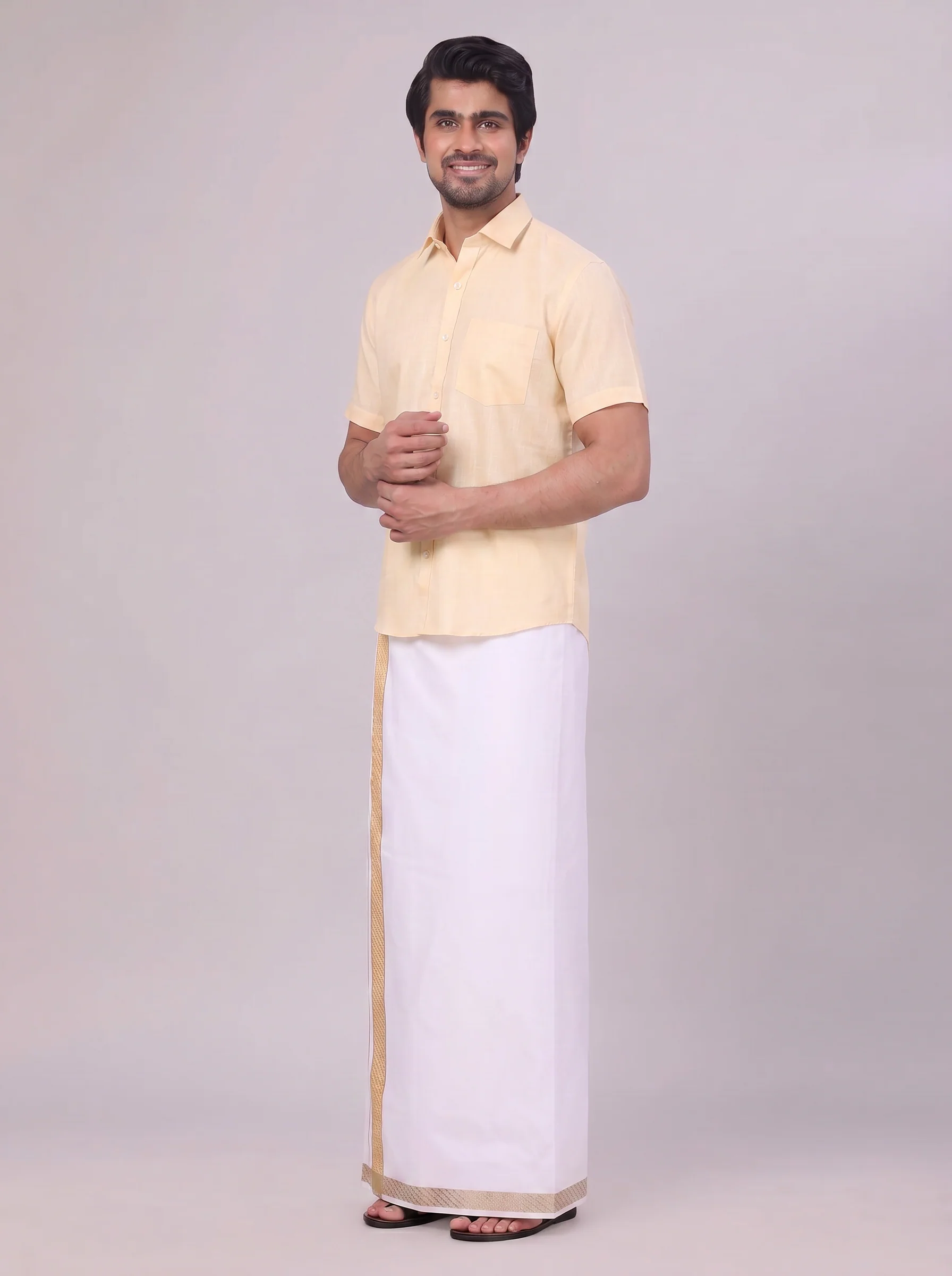 Mens Sandal Shirt with Matching jacquard Weave Border Dhoti Combo Marsh - Image 6