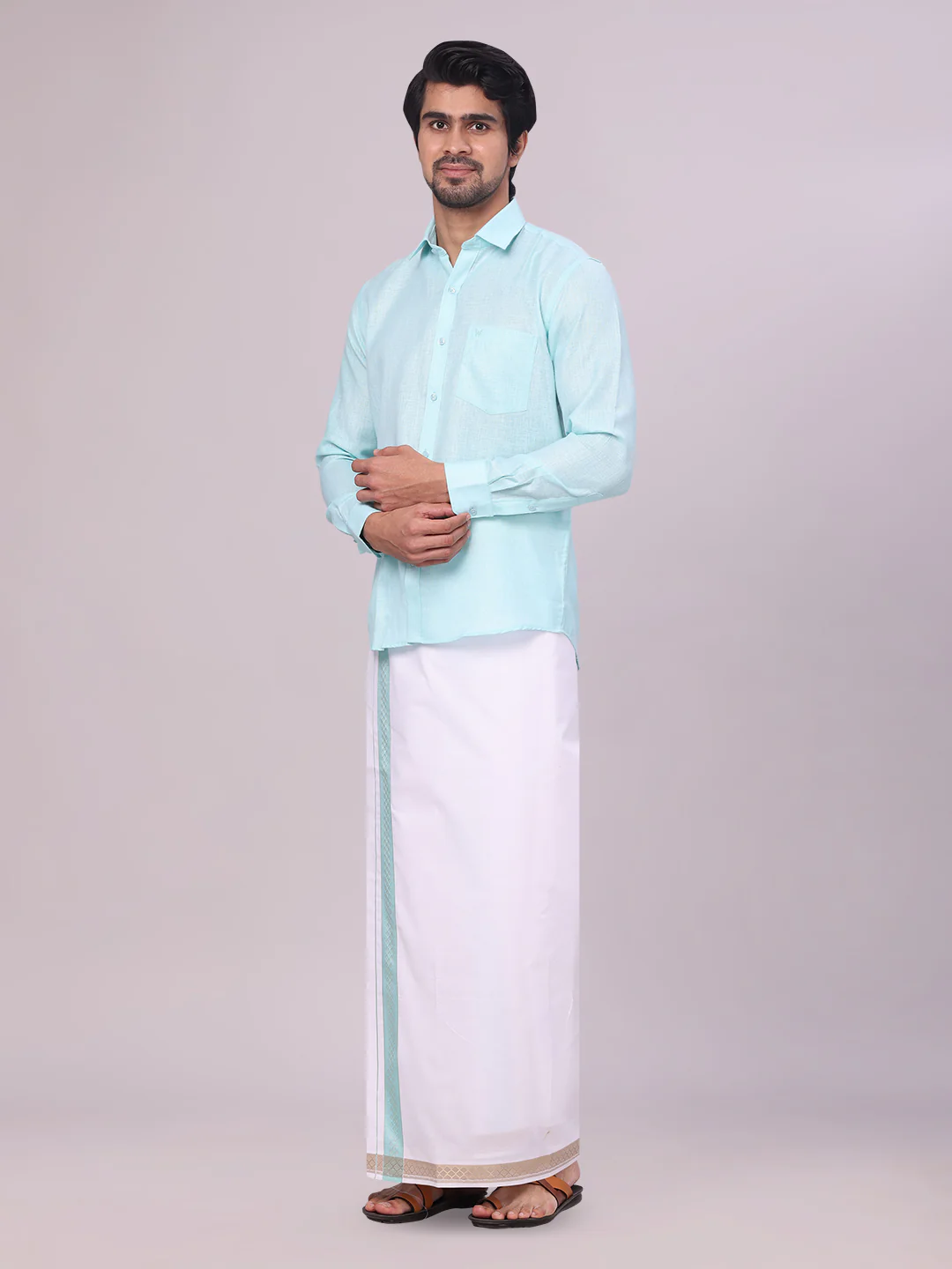 Men's Sea Green Shirt with Matching jacquard Weave Border Dhoti Combo Marsh - Image 3