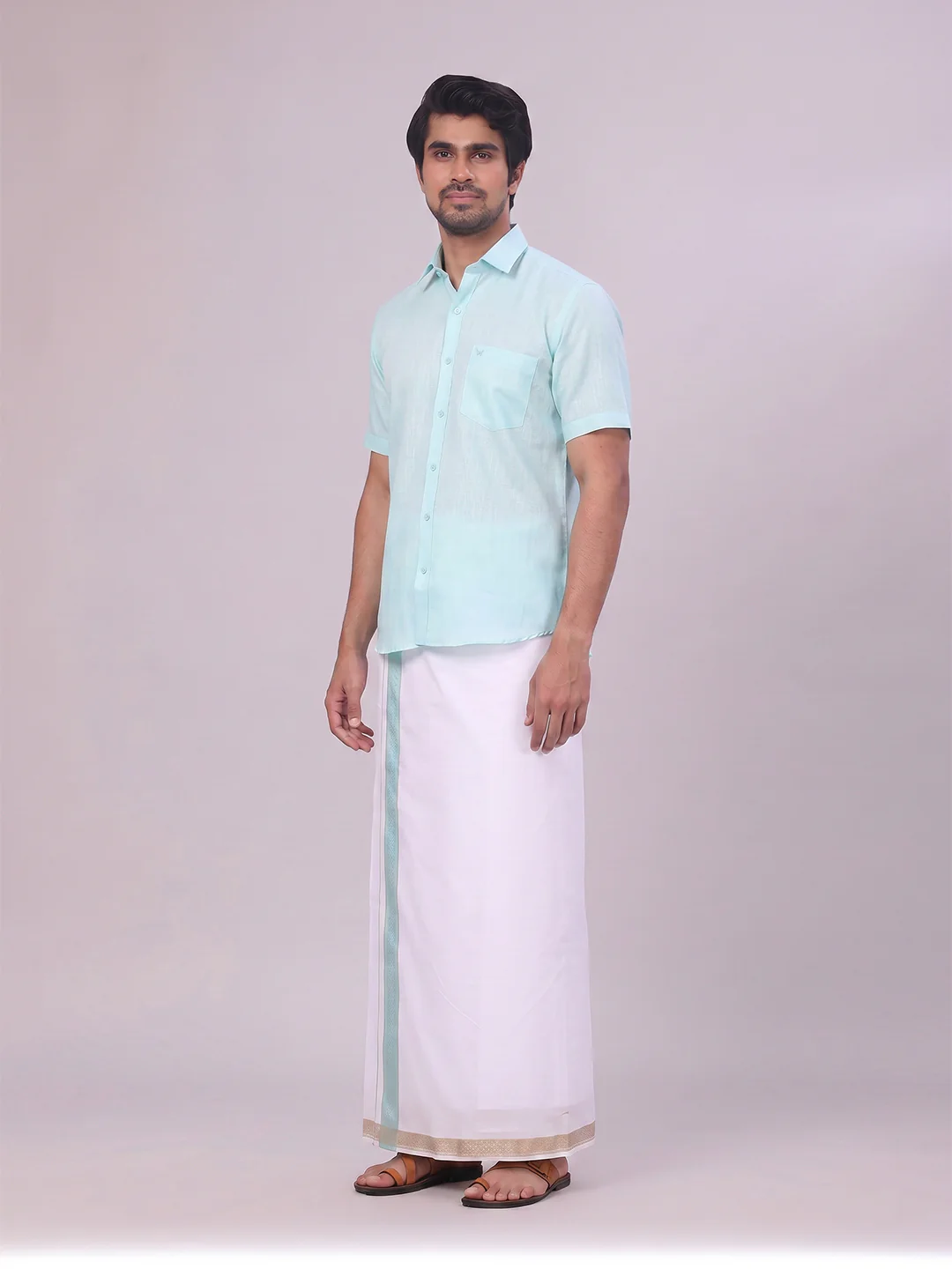 Men's Sea Green Shirt with Matching jacquard Weave Border Dhoti Combo Marsh - Image 4