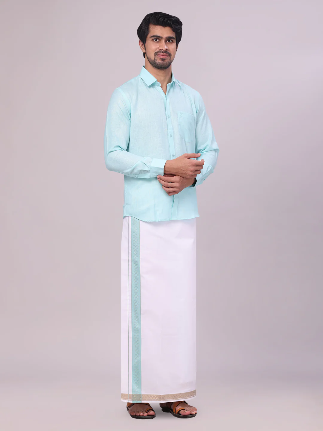 Men's Sea Green Shirt with Matching jacquard Weave Border Dhoti Combo Marsh - Image 5