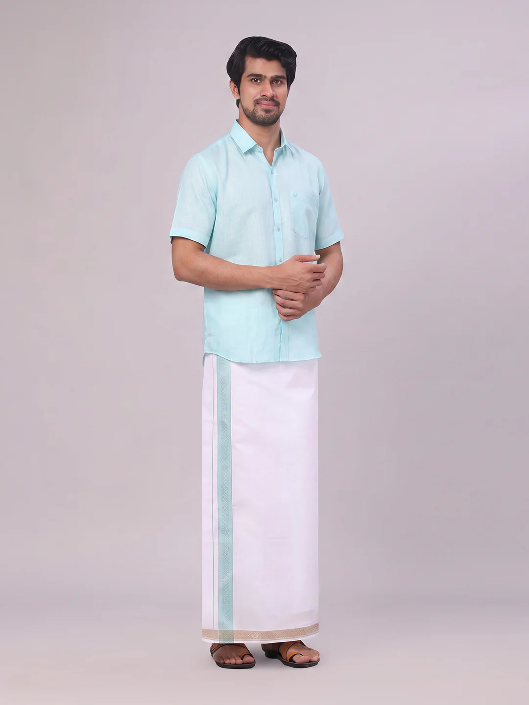 Men's Sea Green Shirt with Matching jacquard Weave Border Dhoti Combo Marsh - Image 6