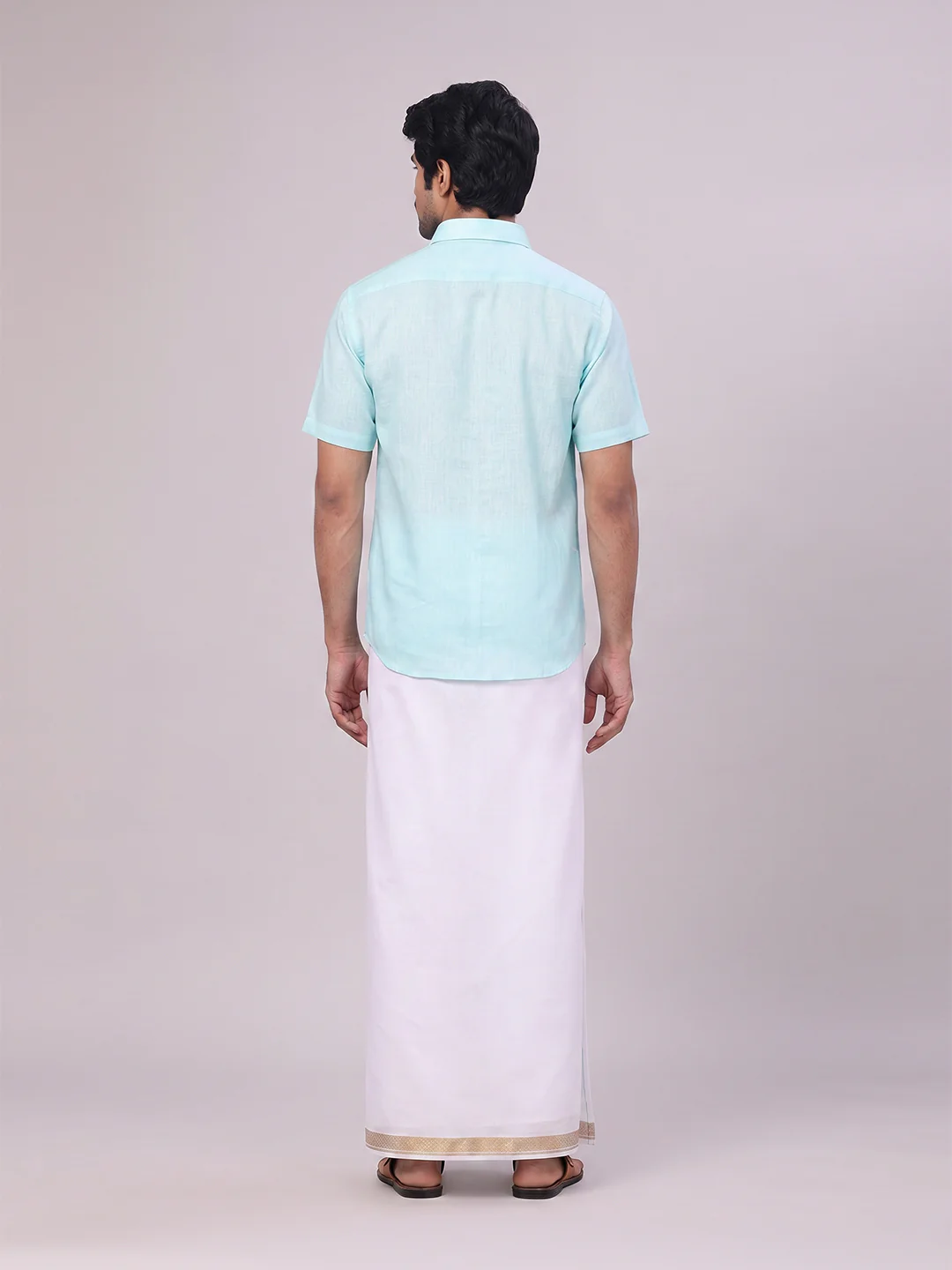 Men's Sea Green Shirt with Matching jacquard Weave Border Dhoti Combo Marsh - Image 8