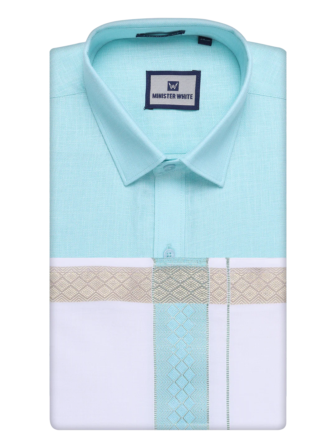 Men's Sea Green Shirt with Matching jacquard Weave Border Dhoti Combo Marsh - Image 9