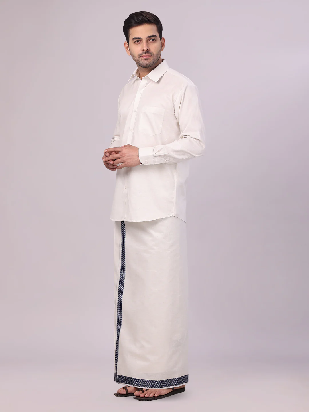 Mens Silver Tissue Stripe Shirt and Dhoti Combo with Jacquard Border Kane - Image 3