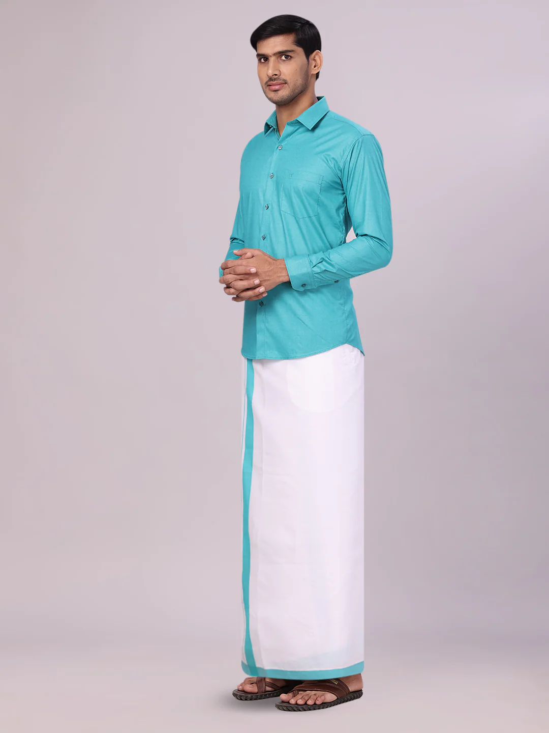 Mens Sky Green Color Shirt with Matching Border Dhoti Combo Casper - Image 3