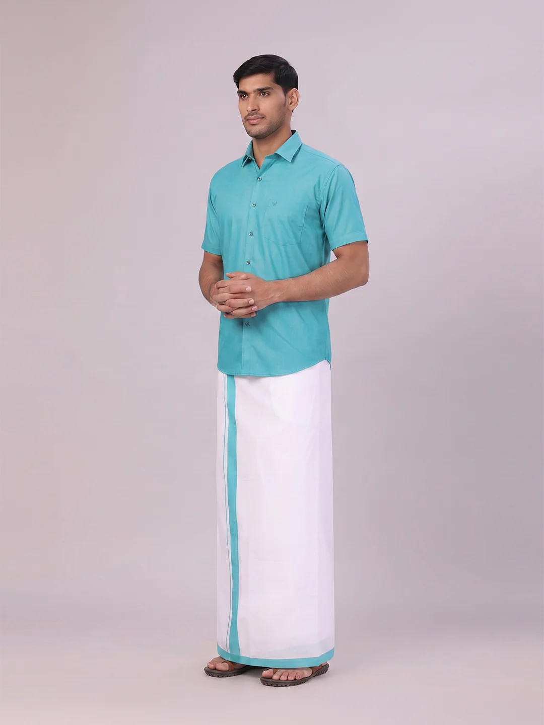 Mens Sky Green Color Shirt with Matching Border Dhoti Combo Casper - Image 4