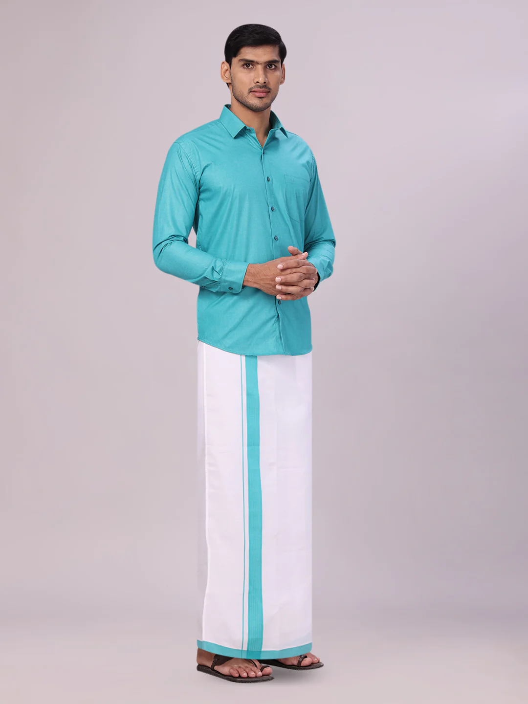 Mens Sky Green Color Shirt with Matching Border Dhoti Combo Casper - Image 5
