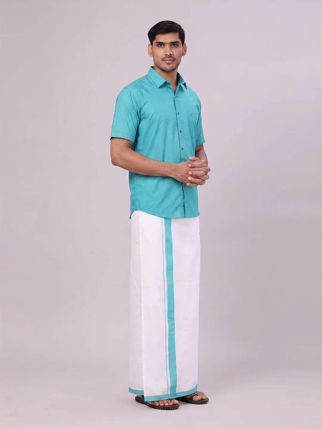 Mens Sky Green Color Shirt with Matching Border Dhoti Combo Casper - Image 6