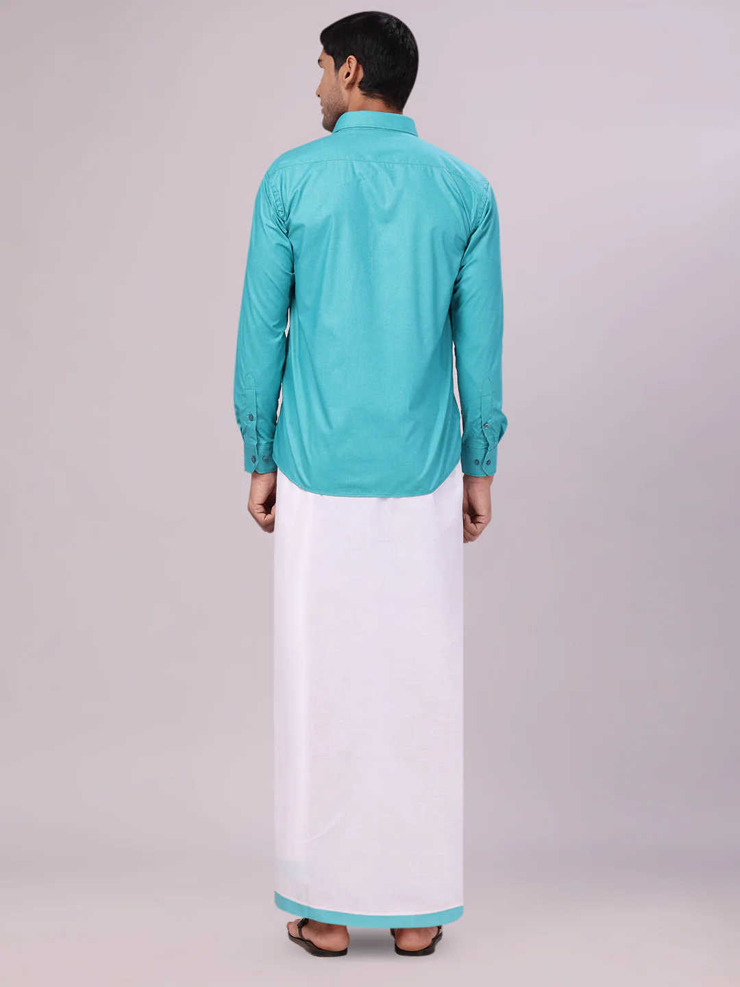 Mens Sky Green Color Shirt with Matching Border Dhoti Combo Casper - Image 7