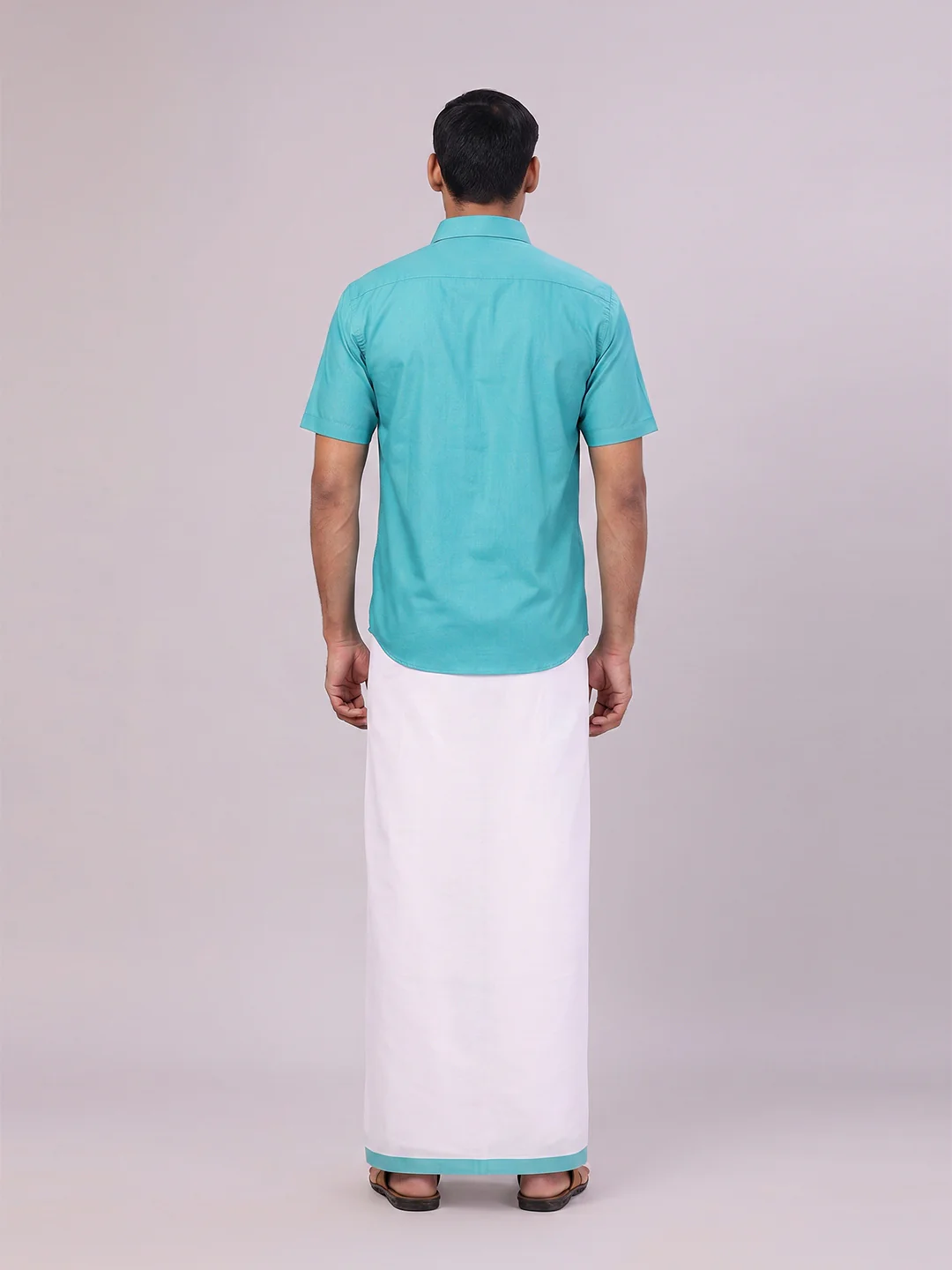 Mens Sky Green Color Shirt with Matching Border Dhoti Combo Casper - Image 8