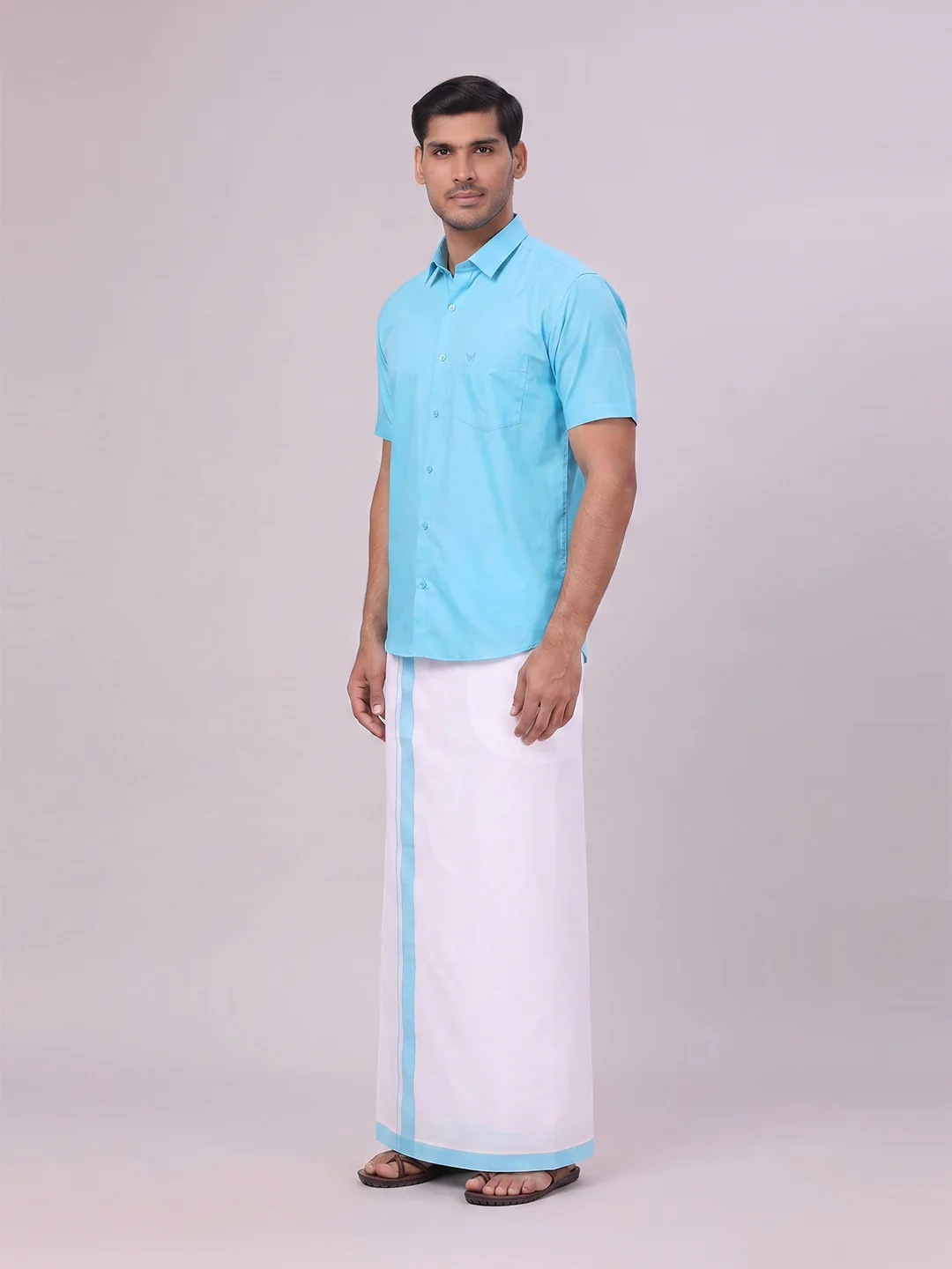 Mens Sky Blue Color Shirt with Matching Border Dhoti Combo Casper - Image 4
