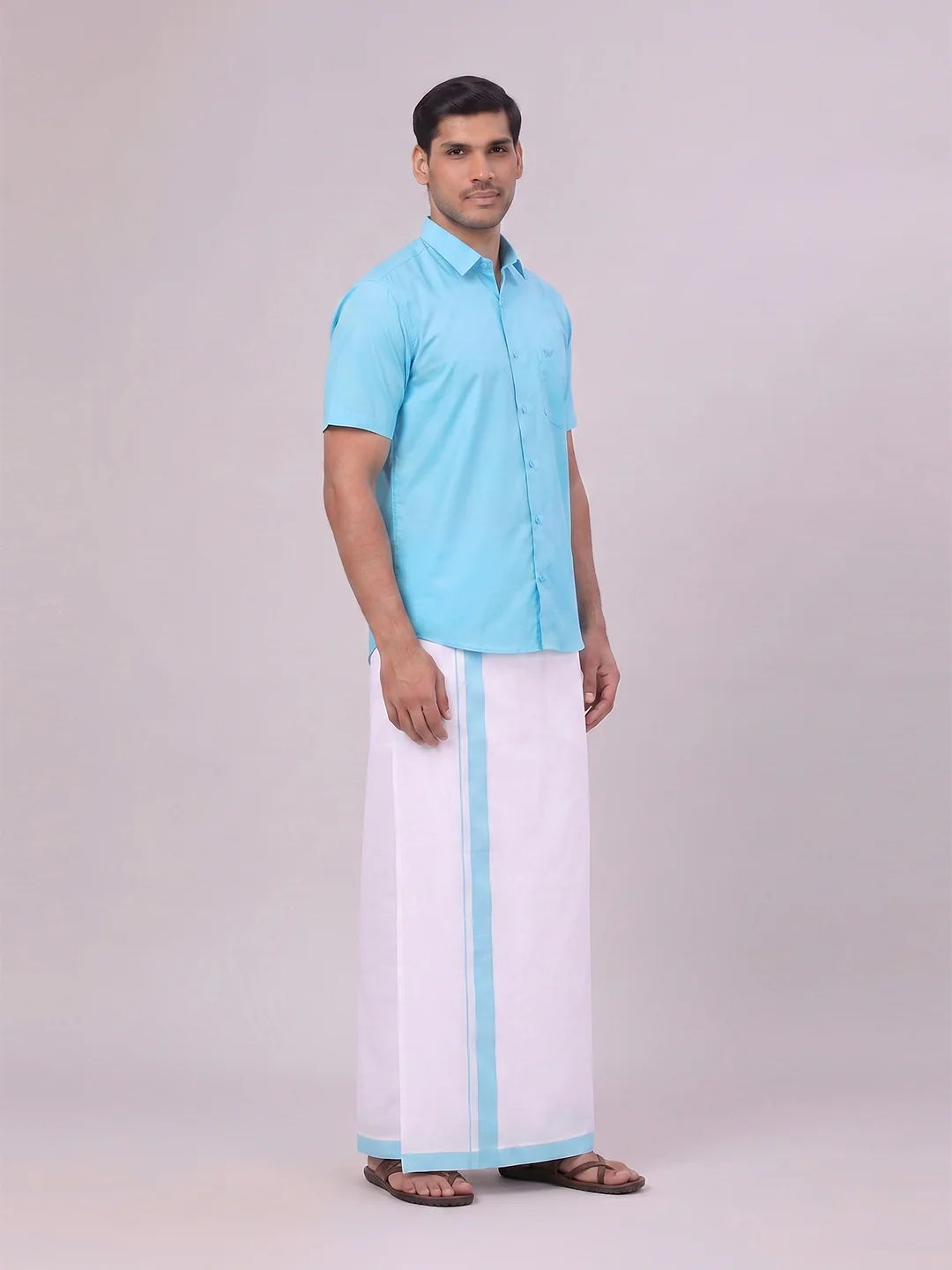 Mens Sky Blue Color Shirt with Matching Border Dhoti Combo Casper - Image 6