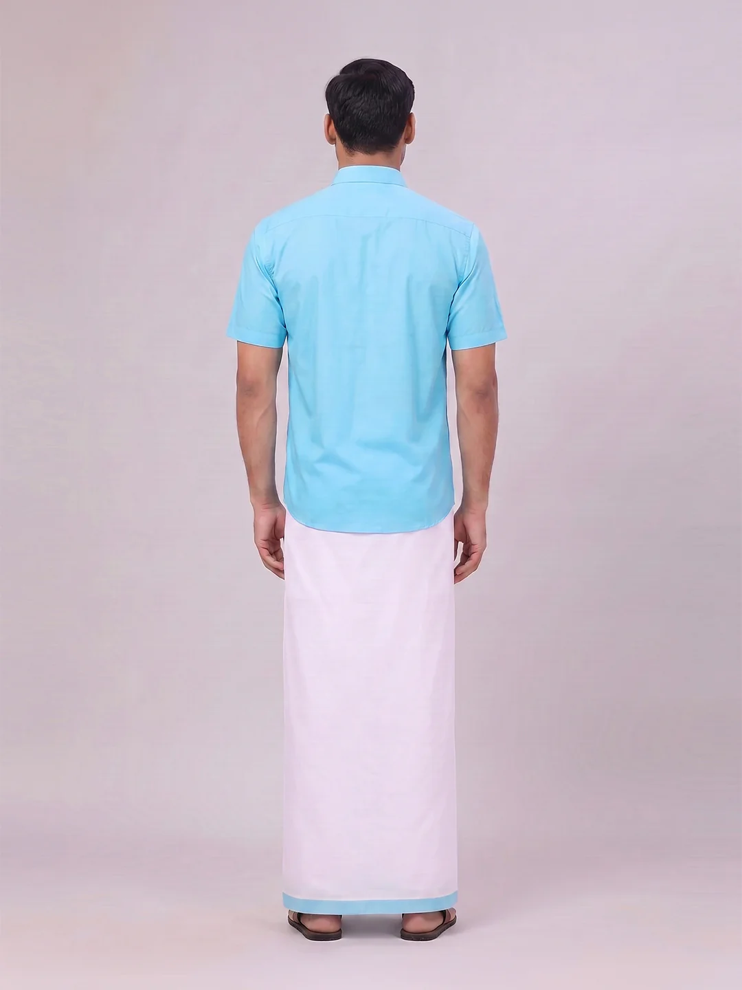 Mens Sky Blue Color Shirt with Matching Border Dhoti Combo Casper - Image 8