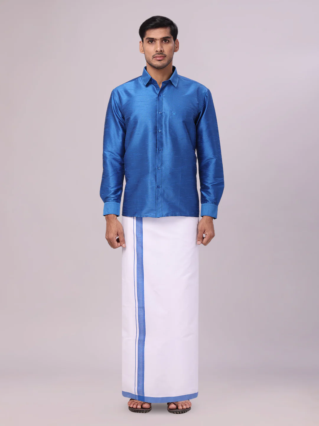 Mens Blue Dupion Satin Color Shirt with Matching Border Dhoti Combo Gora
