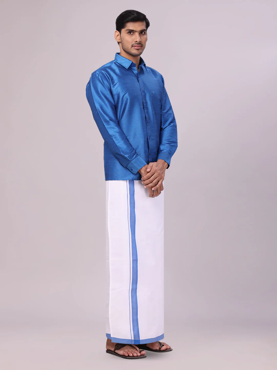 Mens Blue Dupion Satin Color Shirt with Matching Border Dhoti Combo Gora - Image 2