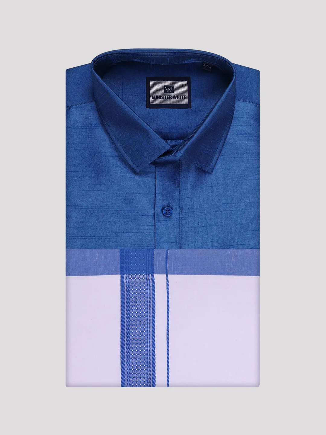 Mens Blue Dupion Satin Color Shirt with Matching Border Dhoti Combo Gora - Image 5