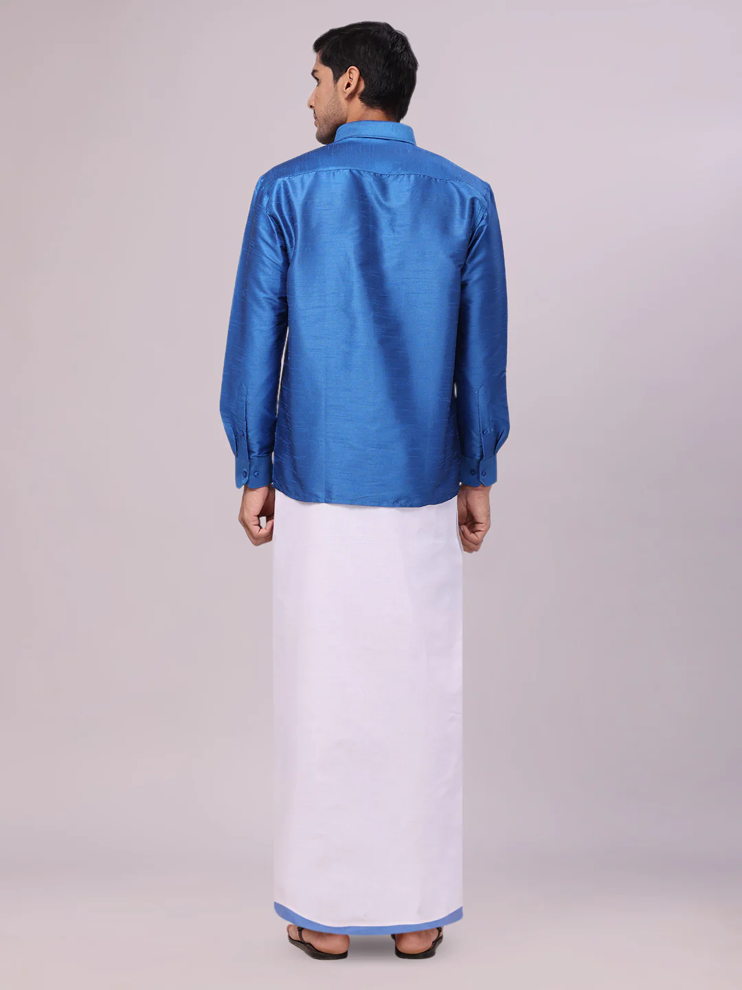 Mens Sky Blue Dupion Satin Color Shirt with Matching Border Flexi Dhoti Combo Gora Flexi - Image 5