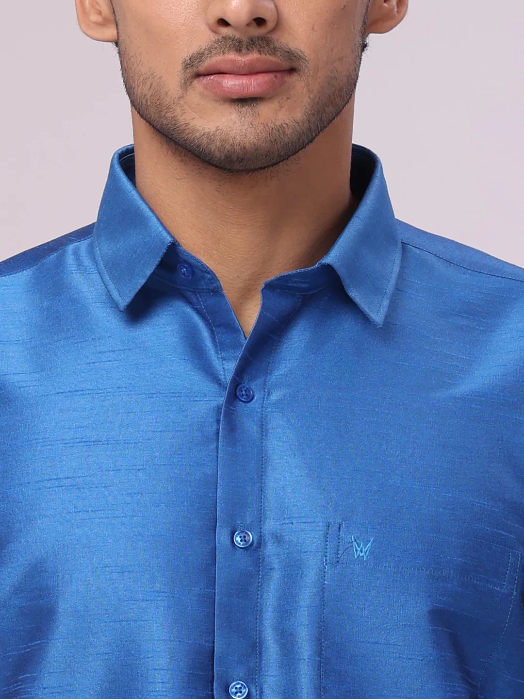 Mens Sky Blue Dupion Satin Color Shirt with Matching Border Flexi Dhoti Combo Gora Flexi - Image 6