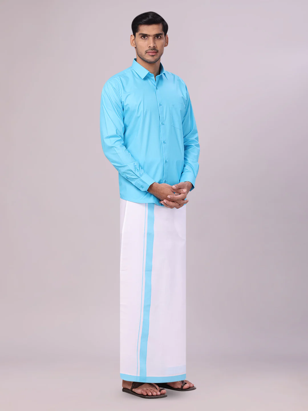 Men's Sky Blue Shirt with Matching Border Flexi Dhoti Combo Casper Flexi - Image 3