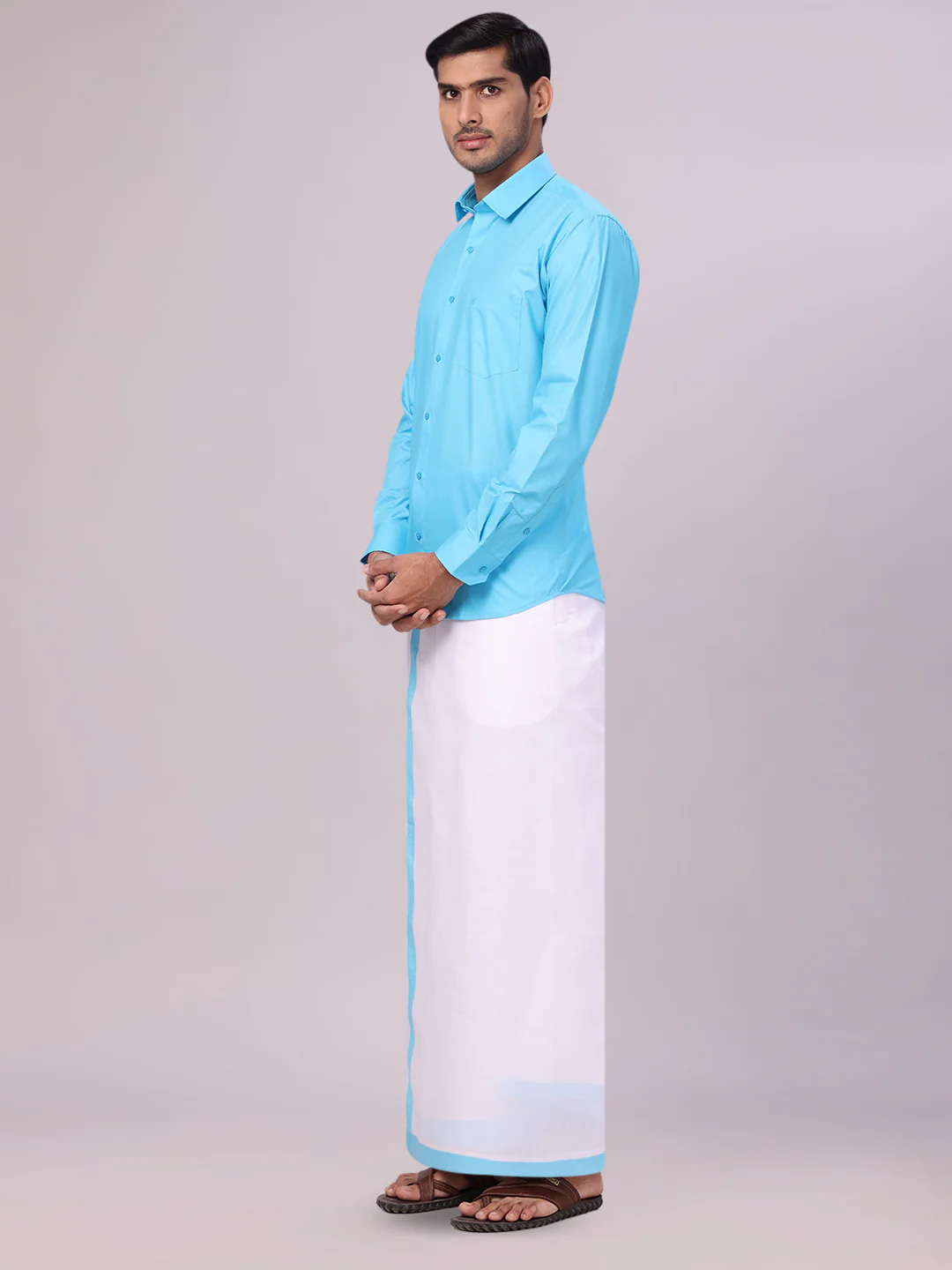 Men's Sky Blue Shirt with Matching Border Flexi Dhoti Combo Casper Flexi - Image 4