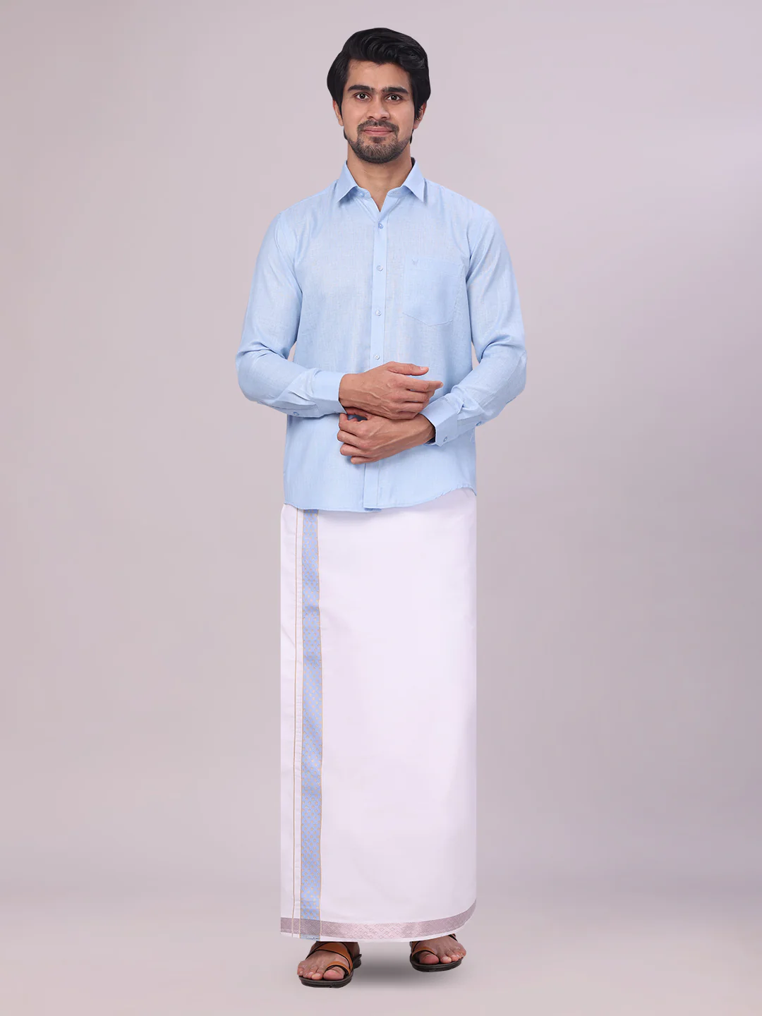 Men's Sky Blue Shirt with Matching jacquard Weave Border Dhoti Combo Marsh