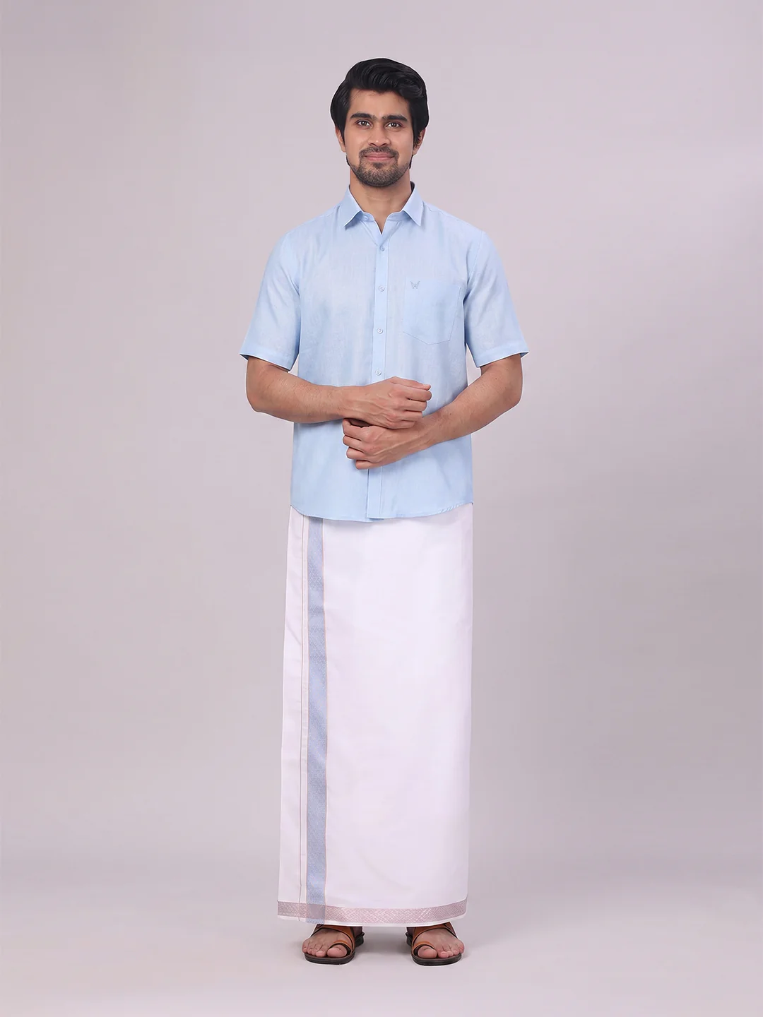 Men's Sky Blue Shirt with Matching jacquard Weave Border Dhoti Combo Marsh - Image 2