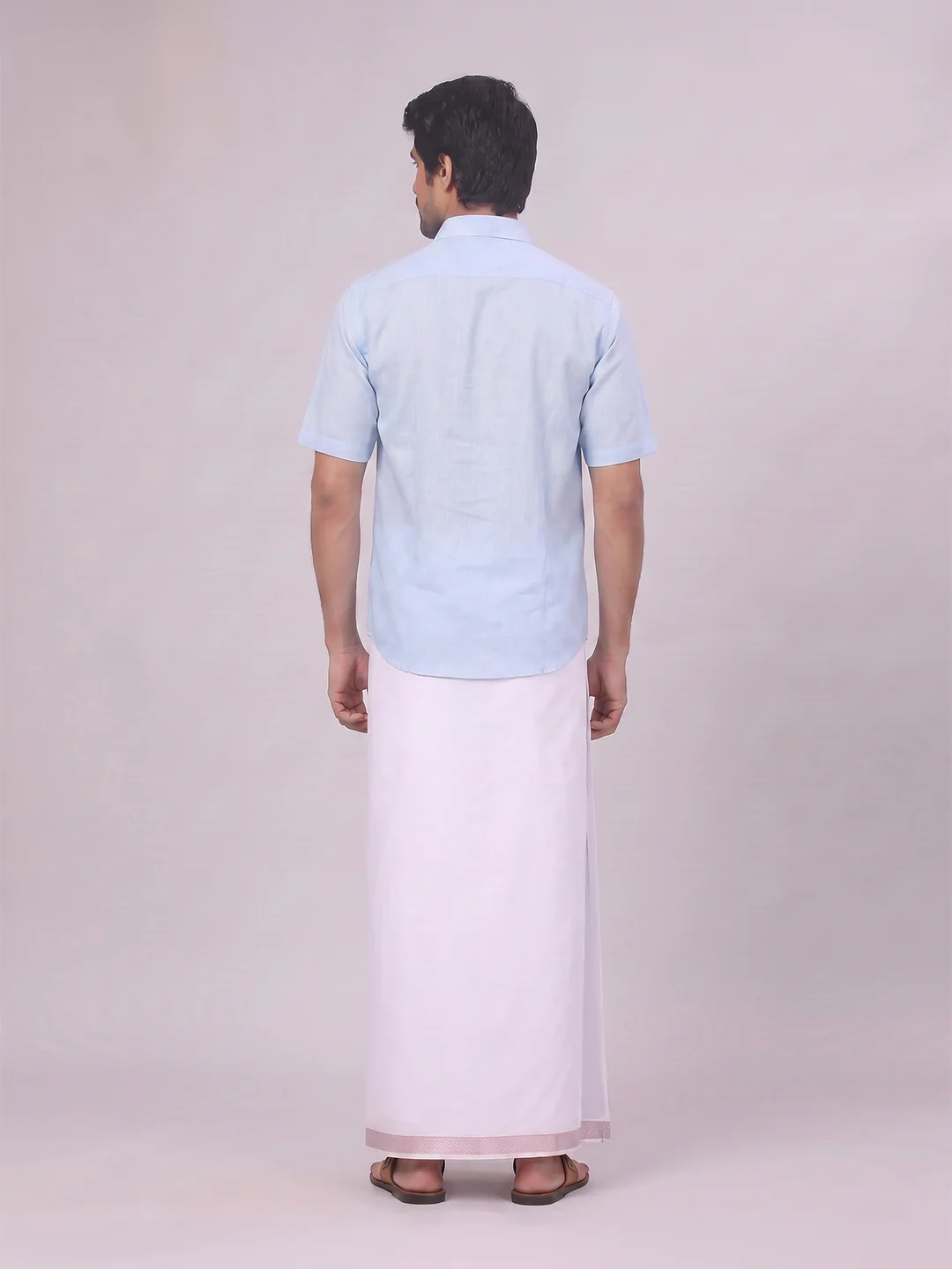 Men's Sky Blue Shirt with Matching jacquard Weave Border Dhoti Combo Marsh - Image 6