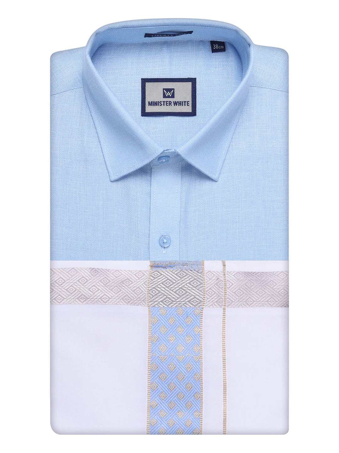 Men's Sky Blue Shirt with Matching jacquard Weave Border Dhoti Combo Marsh - Image 8