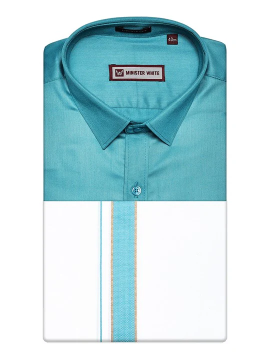 Men's Teal Blue Shirt with Matching Fancy Border Dhoti Combo Haiku