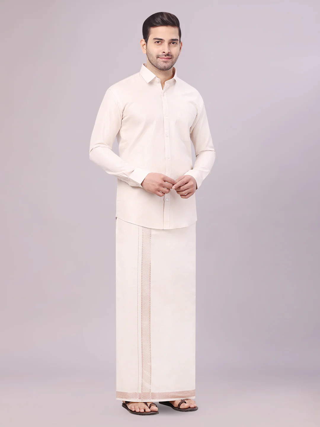 Mens Tissue Almond Shirt with Jacquard Fancy Border Dhoti Wedding Combo Nios - Image 2