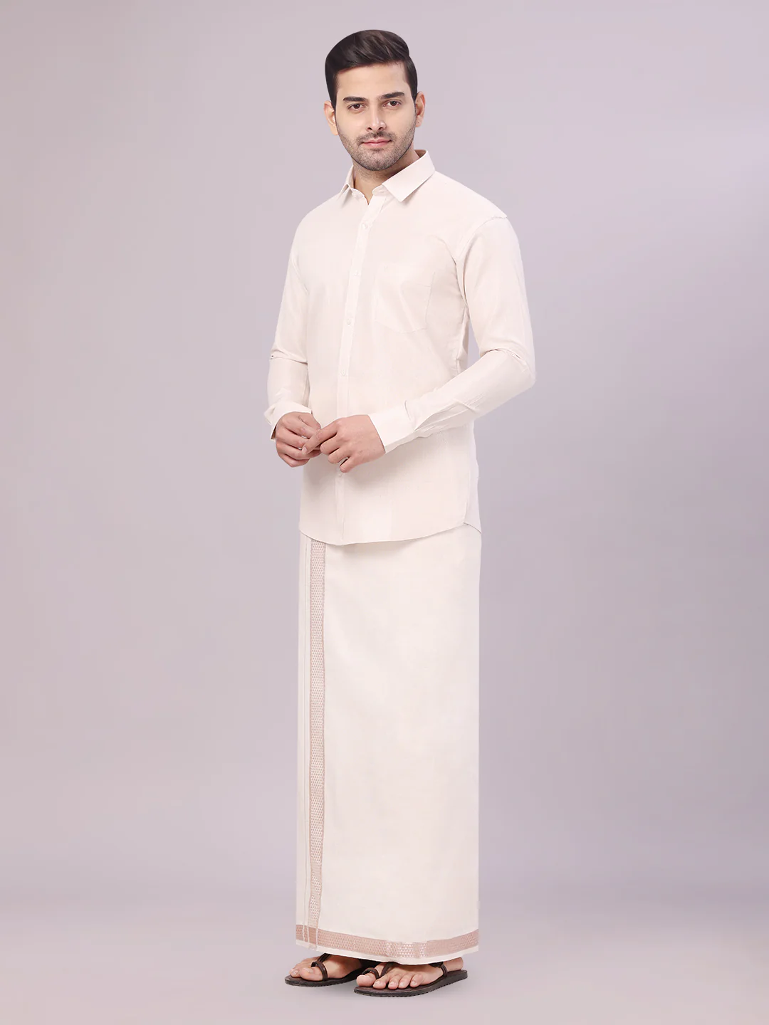 Mens Tissue Almond Shirt with Jacquard Fancy Border Dhoti Wedding Combo Nios - Image 3