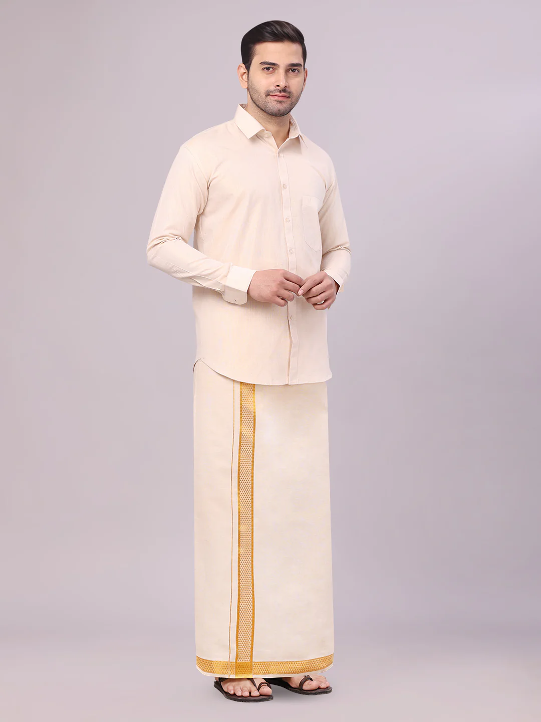 Mens Tissue Gold Shirt with Jacquard Fancy Border Dhoti Wedding Combo Nios - Image 2