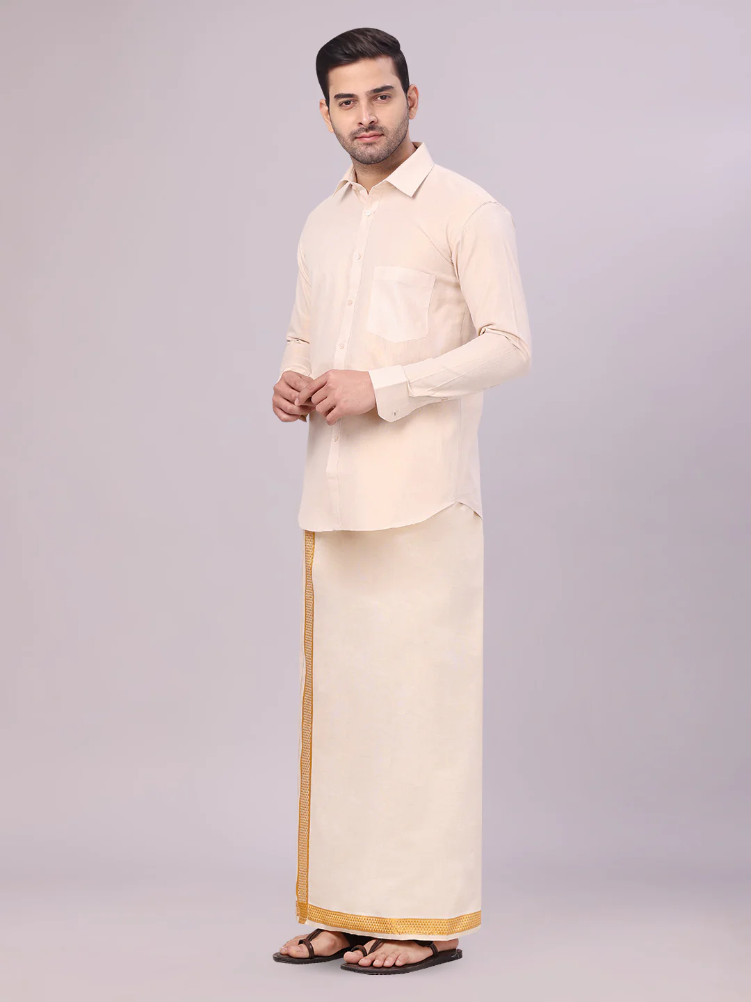 Mens Tissue Gold Shirt with Jacquard Fancy Border Dhoti Wedding Combo Nios - Image 3