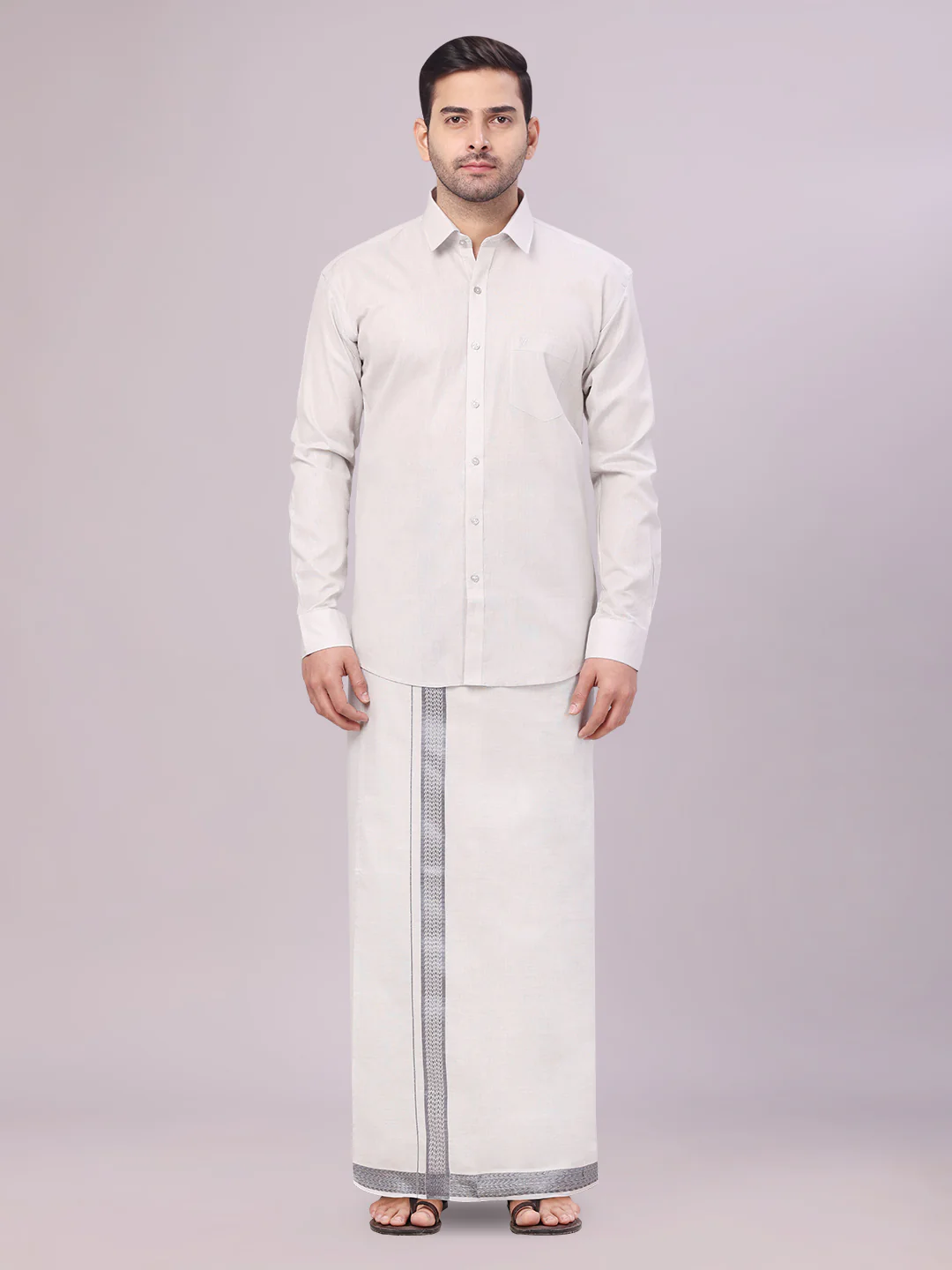 Mens Tissue Grey Shirt with Jacquard Fancy Border Flexi Dhoti Wedding Combo Nios