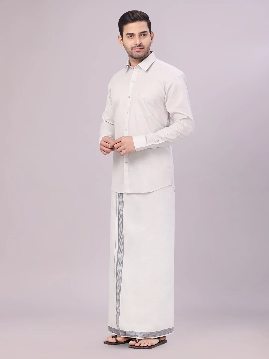 Mens Tissue Grey Shirt with Jacquard Fancy Border Flexi Dhoti Wedding Combo Nios - Image 3