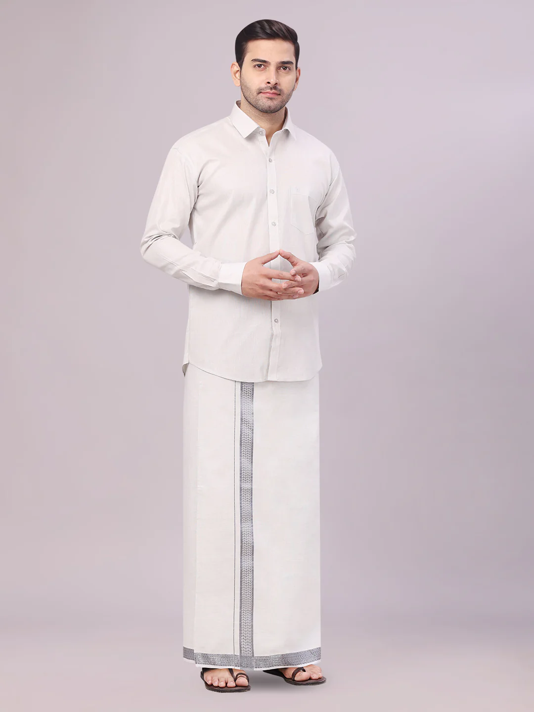 Mens Tissue Grey Shirt with Jacquard Fancy Border Flexi Dhoti Wedding Combo Nios - Image 4