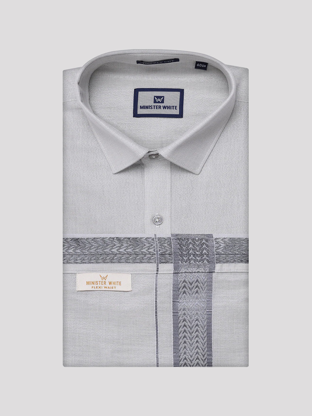 Mens Tissue Grey Shirt with Jacquard Fancy Border Flexi Dhoti Wedding Combo Nios - Image 8