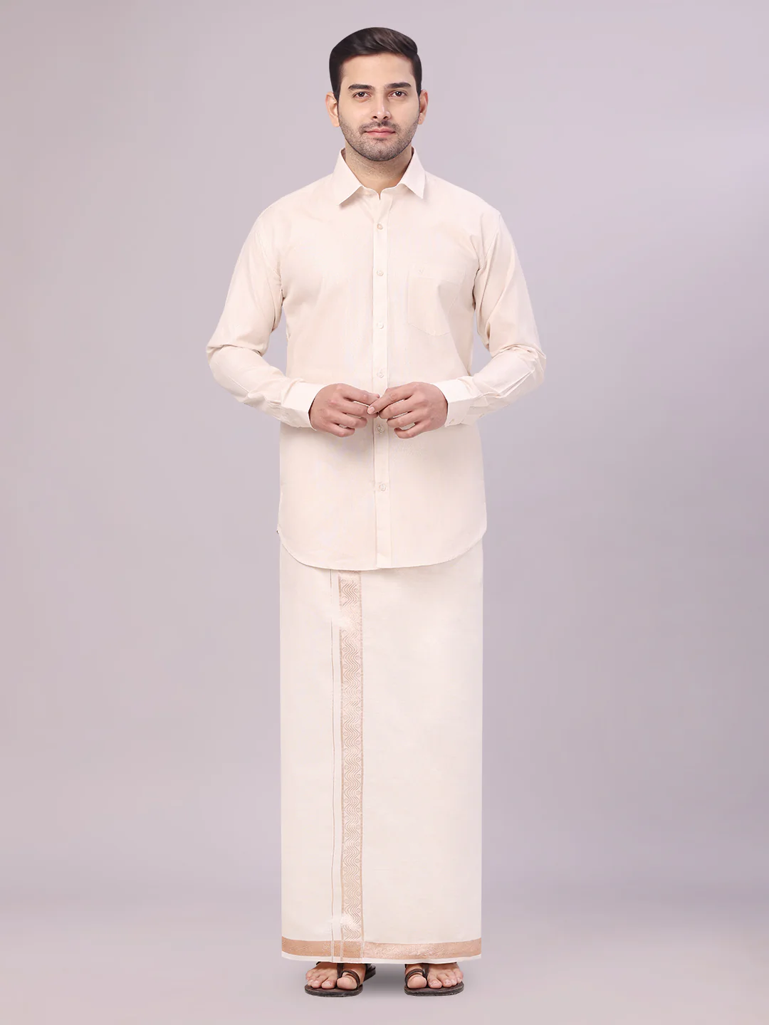 Mens Tissue Light Copper Shirt with Jacquard Fancy Border Flexi Dhoti Wedding Combo Nios