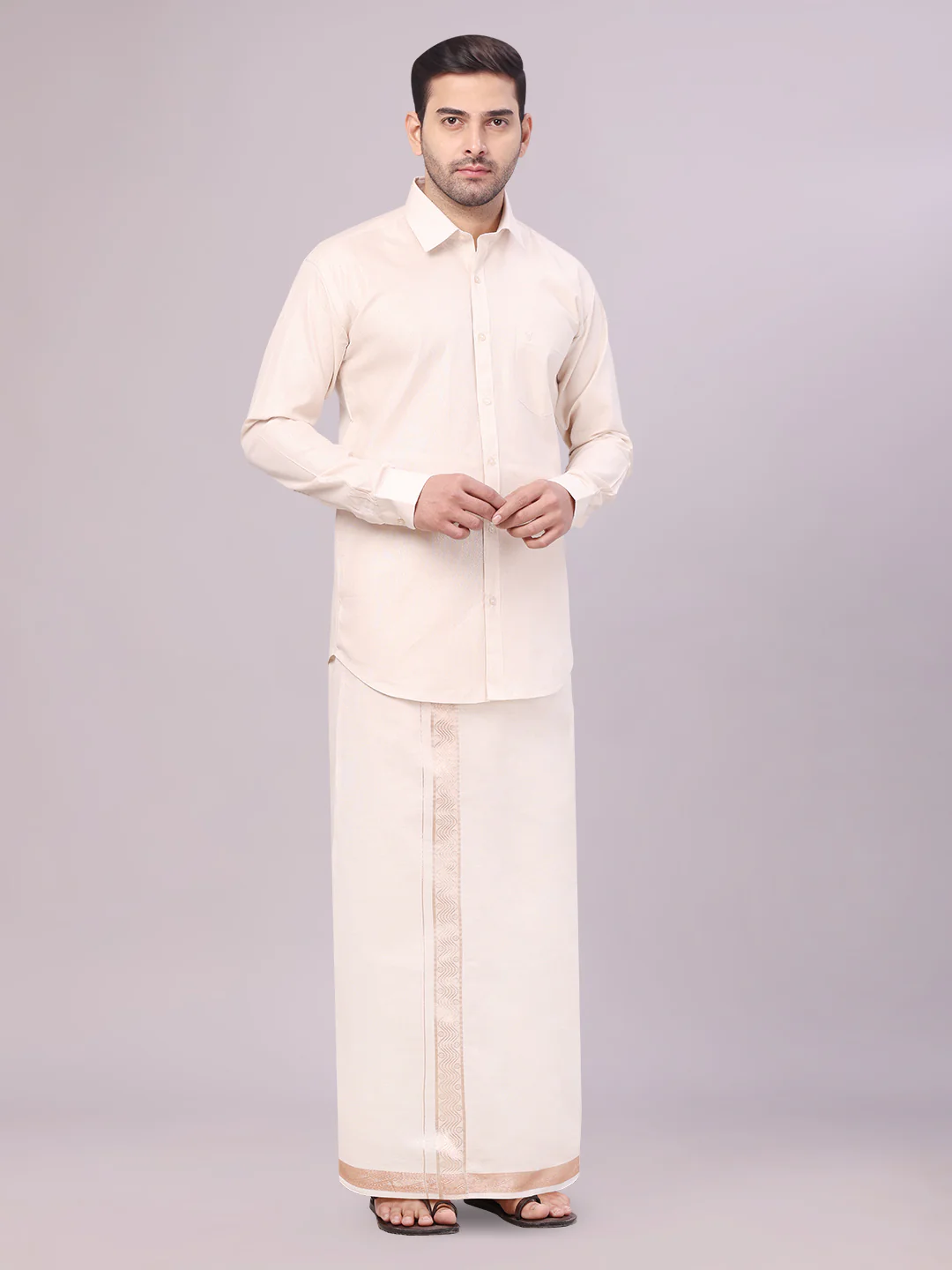 Mens Tissue Light Copper Shirt with Jacquard Fancy Border Flexi Dhoti Wedding Combo Nios - Image 3