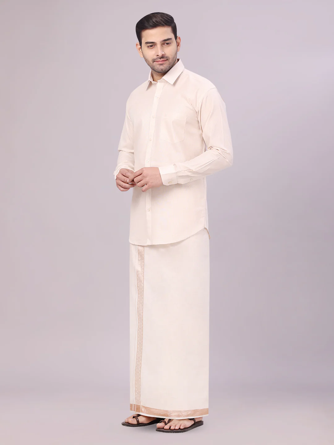 Mens Tissue Light Copper Shirt with Jacquard Fancy Border Flexi Dhoti Wedding Combo Nios - Image 4
