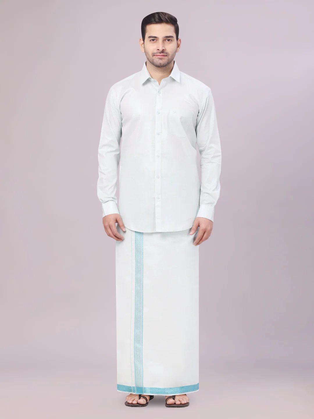 Mens Tissue Mint Blue Shirt with Jacquard Fancy Border Dhoti Wedding Combo Nios - Image 2
